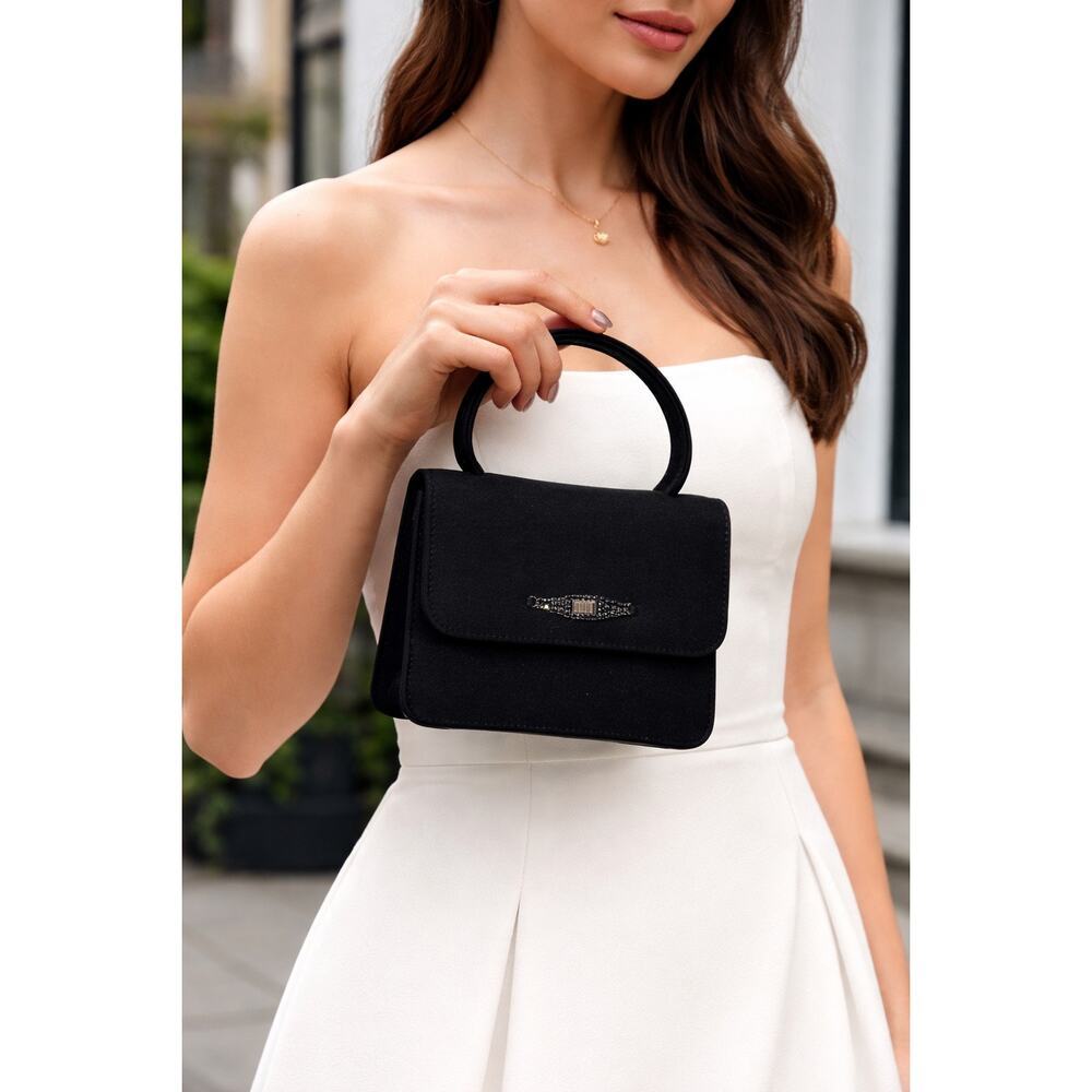 Stewart Weitzman Baton Black Satin Top Handle Mini Bag EUC
